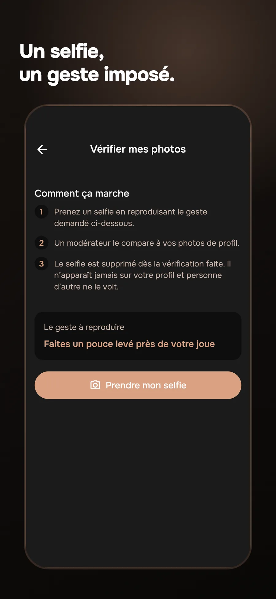 Écran MiMi : Vérifier mes photos — le geste à reproduire, Prendre mon selfie