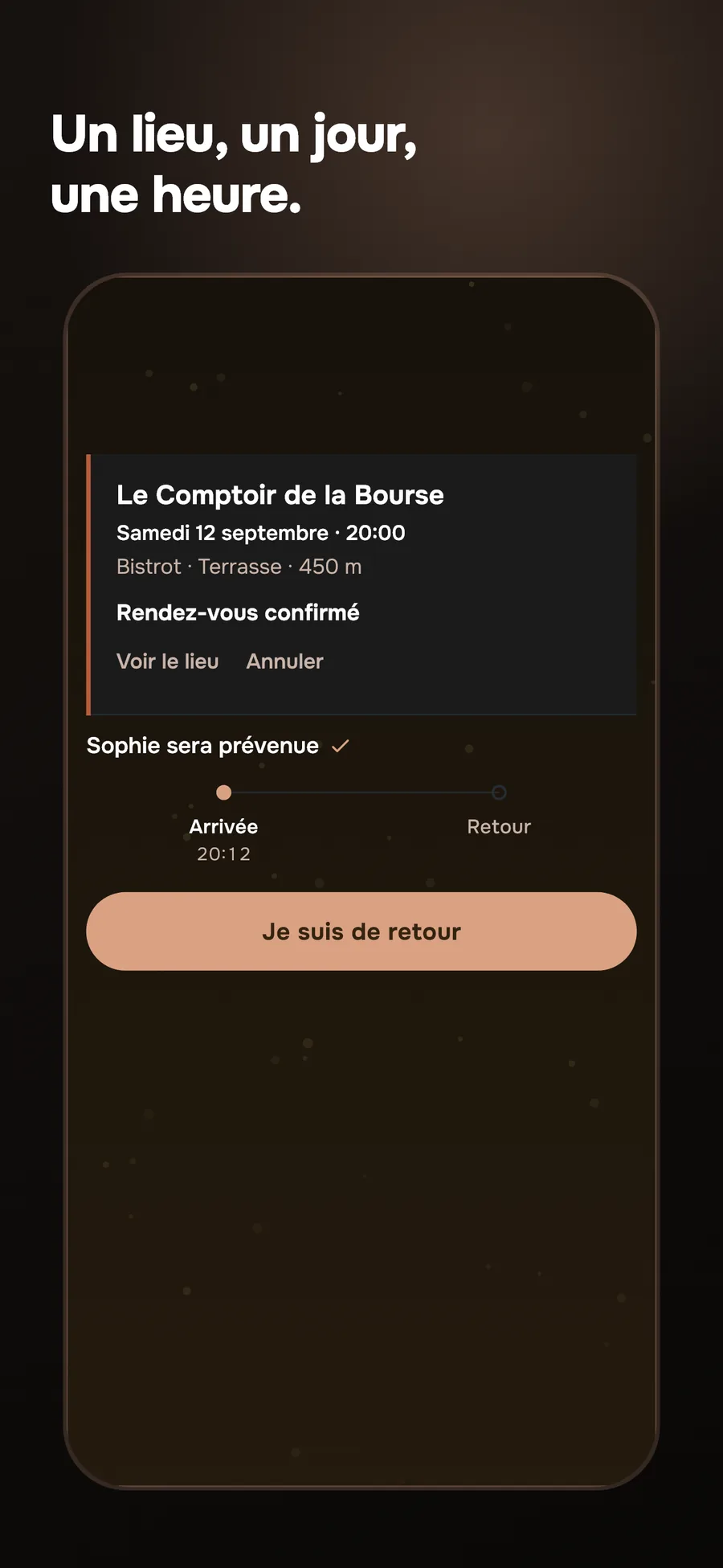 Écran MiMi : rendez-vous confirmé au Comptoir de la Bourse, arrivée 20:12, bouton Je suis de retour