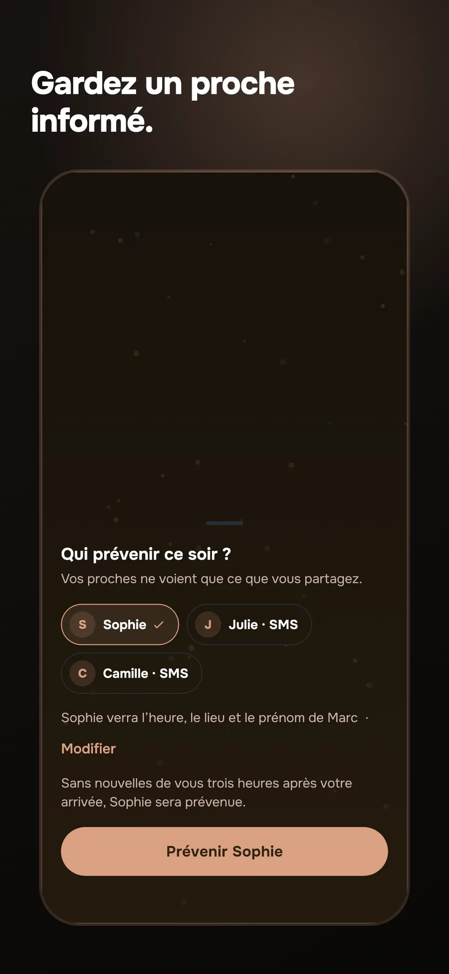 Écran MiMi : qui prévenir ce soir — Sophie, Julie, Camille