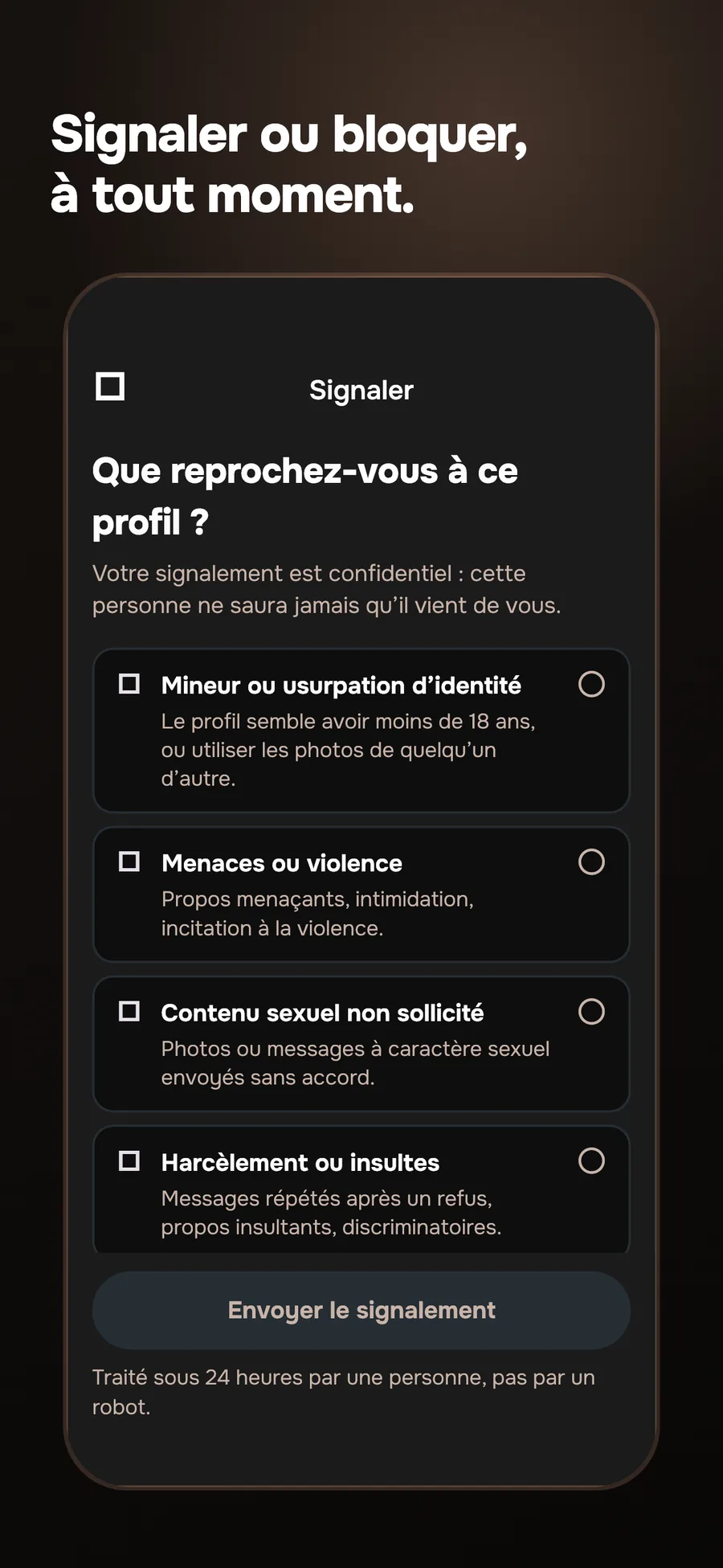 Écran MiMi : Signaler — que reprochez-vous à ce profil ? Mineur ou usurpation, menaces, contenu sexuel non sollicité, harcèlement