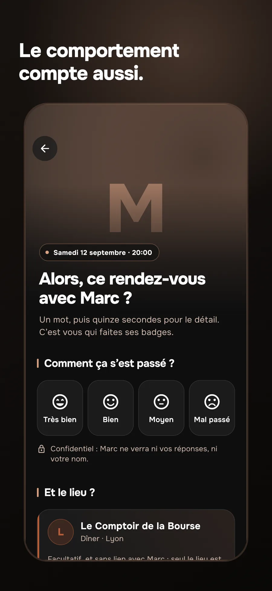 Écran MiMi : Alors, ce rendez-vous avec Marc ? Très bien, Bien, Moyen, Mal passé